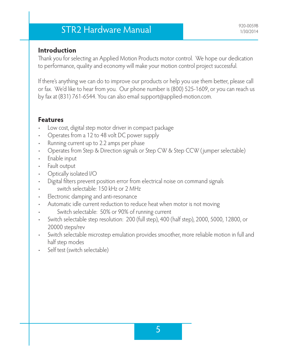 Introduction, Features, 5str2 hardware manual | Applied Motion STR2 User Manual | Page 5 / 38