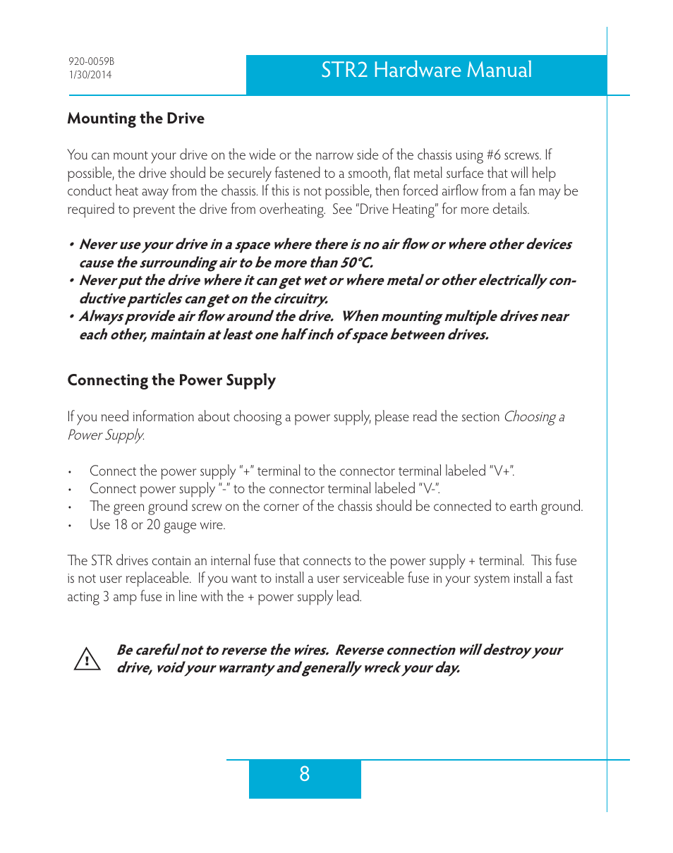 Mounting the drive, Connecting the power supply, 8str2 hardware manual | Applied Motion STR2 User Manual | Page 8 / 38