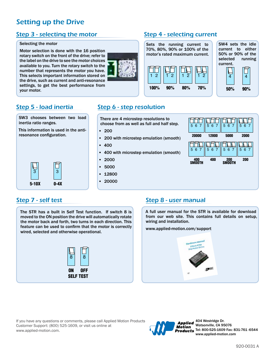 Setting up the drive, Step 4 - selecting current, Step 3 - selecting the motor | Step 8 - user manual | Applied Motion STR4 User Manual | Page 2 / 2