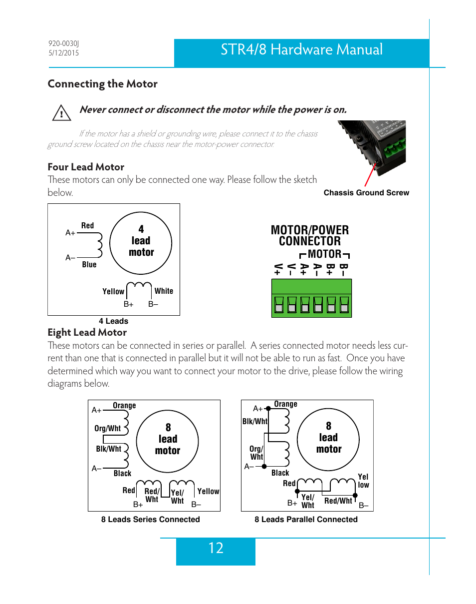 Connecting the motor, Four lead motor, Eight lead motor | 12 str4/8 hardware manual, Motor/power connector | Applied Motion STR4 User Manual | Page 12 / 46