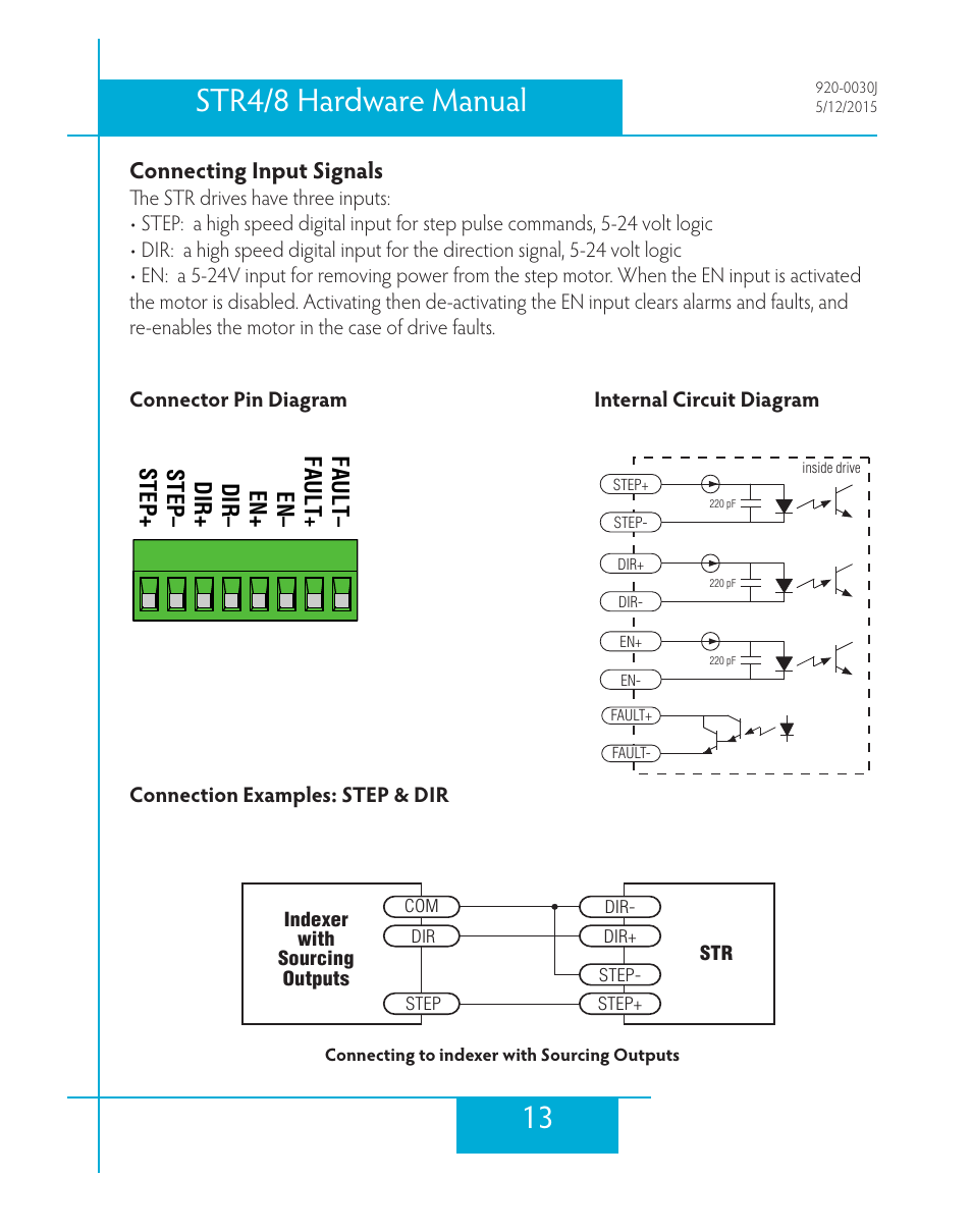 Connecting input signals, Connector pin diagram, Connection examples: step & dir | Internal circuit diagram, 13 str4/8 hardware manual, Step+ step, En+ en, Fault | Applied Motion STR4 User Manual | Page 13 / 46