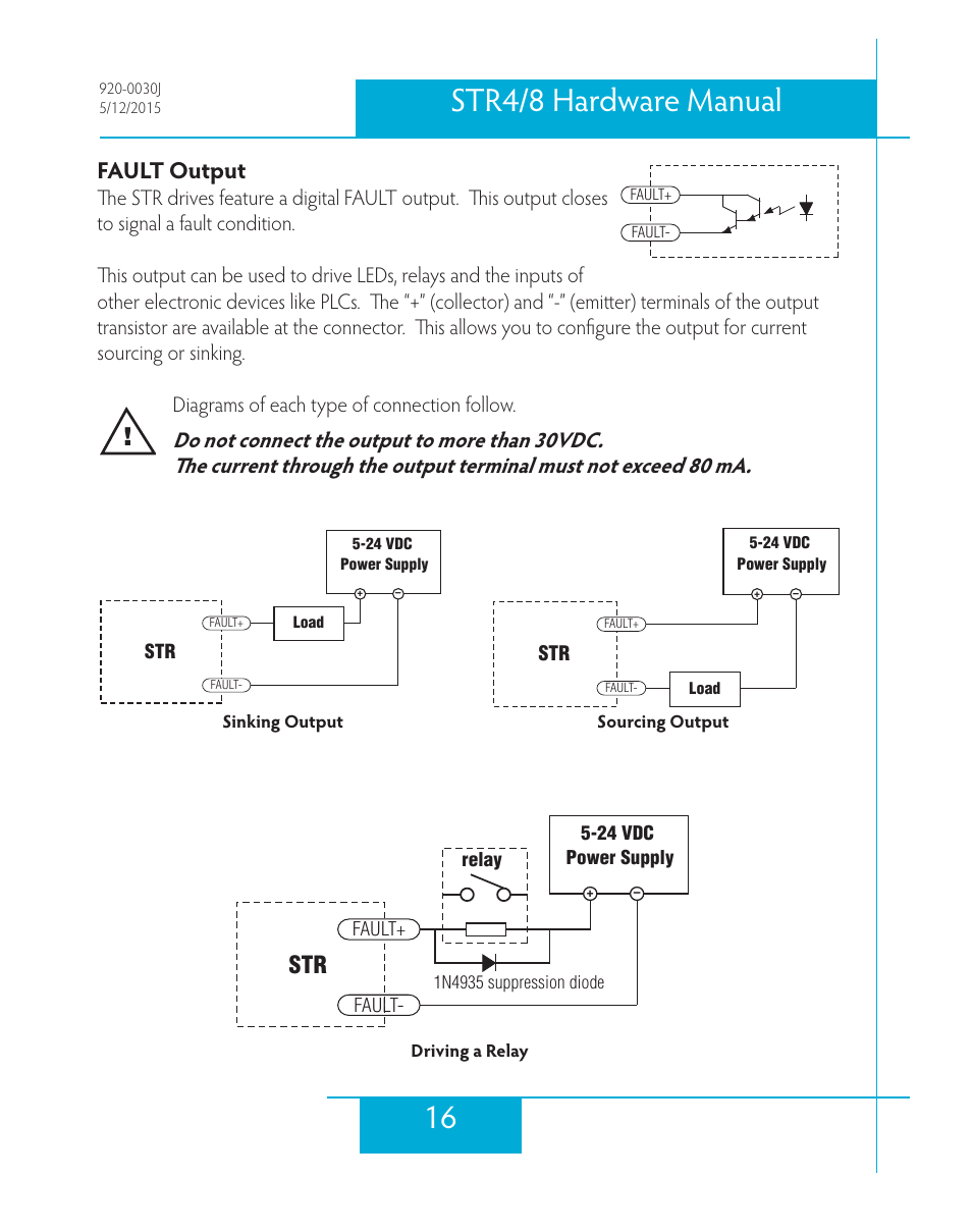 Fault output, 16 str4/8 hardware manual | Applied Motion STR4 User Manual | Page 16 / 46