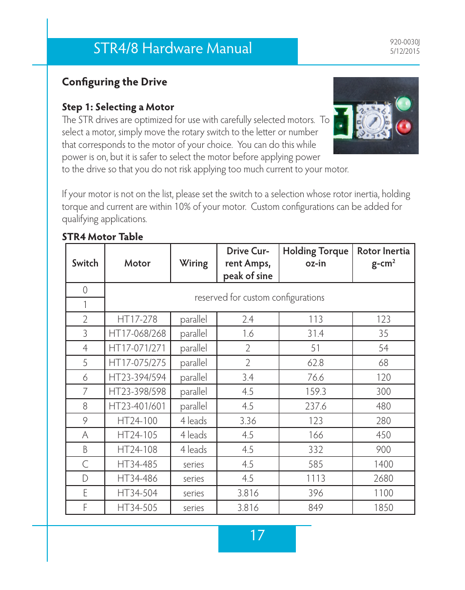 Configuring the drive, Step 1: selecting a motor, Str4 motor table | 17 str4/8 hardware manual | Applied Motion STR4 User Manual | Page 17 / 46