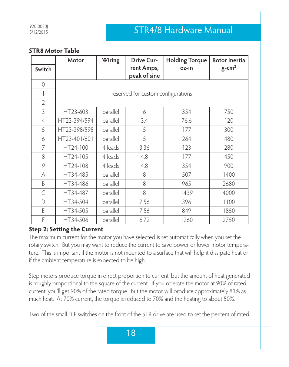 Str8 motor table, Step 2: setting the current, 18 str4/8 hardware manual | Applied Motion STR4 User Manual | Page 18 / 46