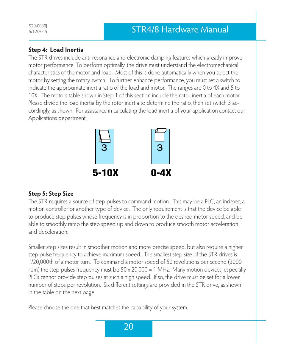 Step 4: load inertia, Step 5: step size, 20 str4/8 hardware manual | Applied Motion STR4 User Manual | Page 20 / 46