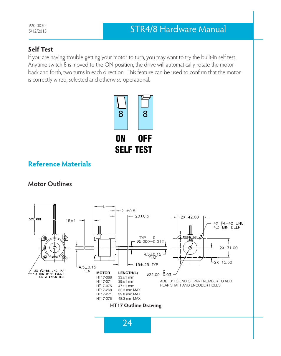 Self test, Reference materials, Motor outlines | 24 str4/8 hardware manual, 8on 8 off self test | Applied Motion STR4 User Manual | Page 24 / 46