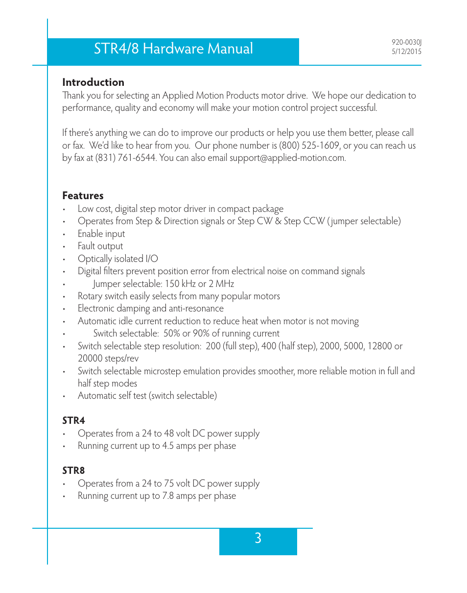 Introduction, Features, 3str4/8 hardware manual | Applied Motion STR4 User Manual | Page 3 / 46