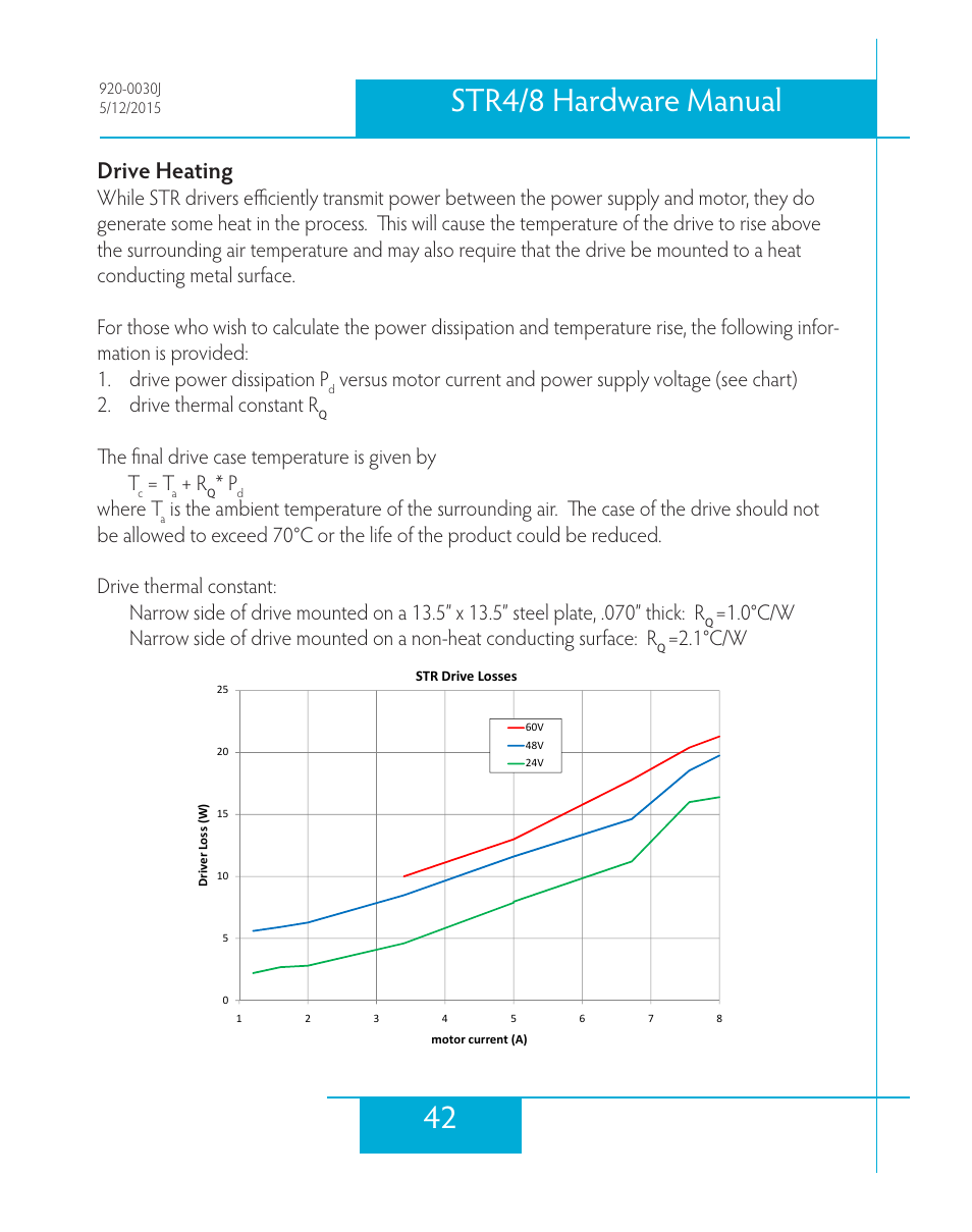 Drive heating, 42 str4/8 hardware manual, The final drive case temperature is given by t | Where t, 1°c/w | Applied Motion STR4 User Manual | Page 42 / 46