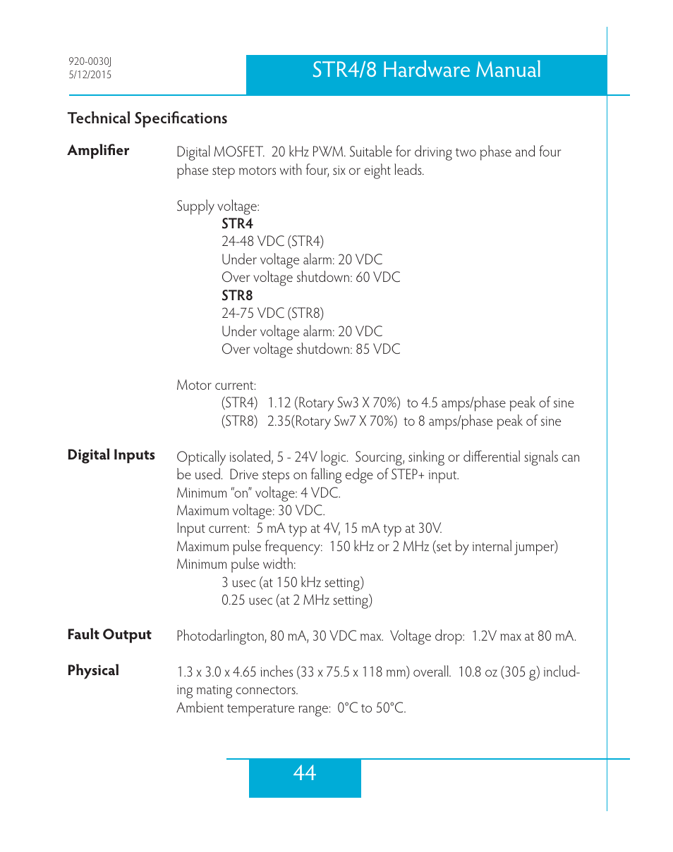 Technical specifications, 44 str4/8 hardware manual | Applied Motion STR4 User Manual | Page 44 / 46
