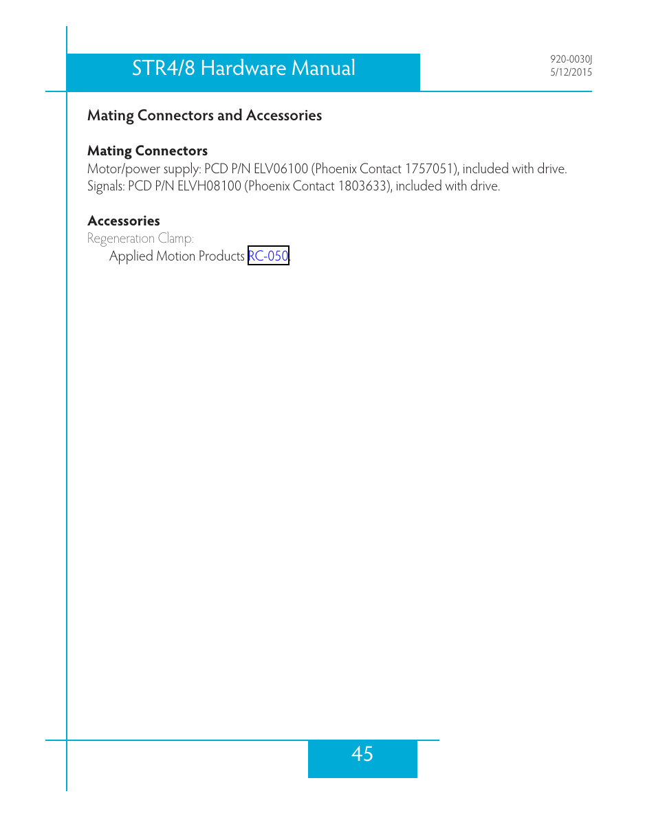 Mating connectors and accessories, 45 str4/8 hardware manual | Applied Motion STR4 User Manual | Page 45 / 46