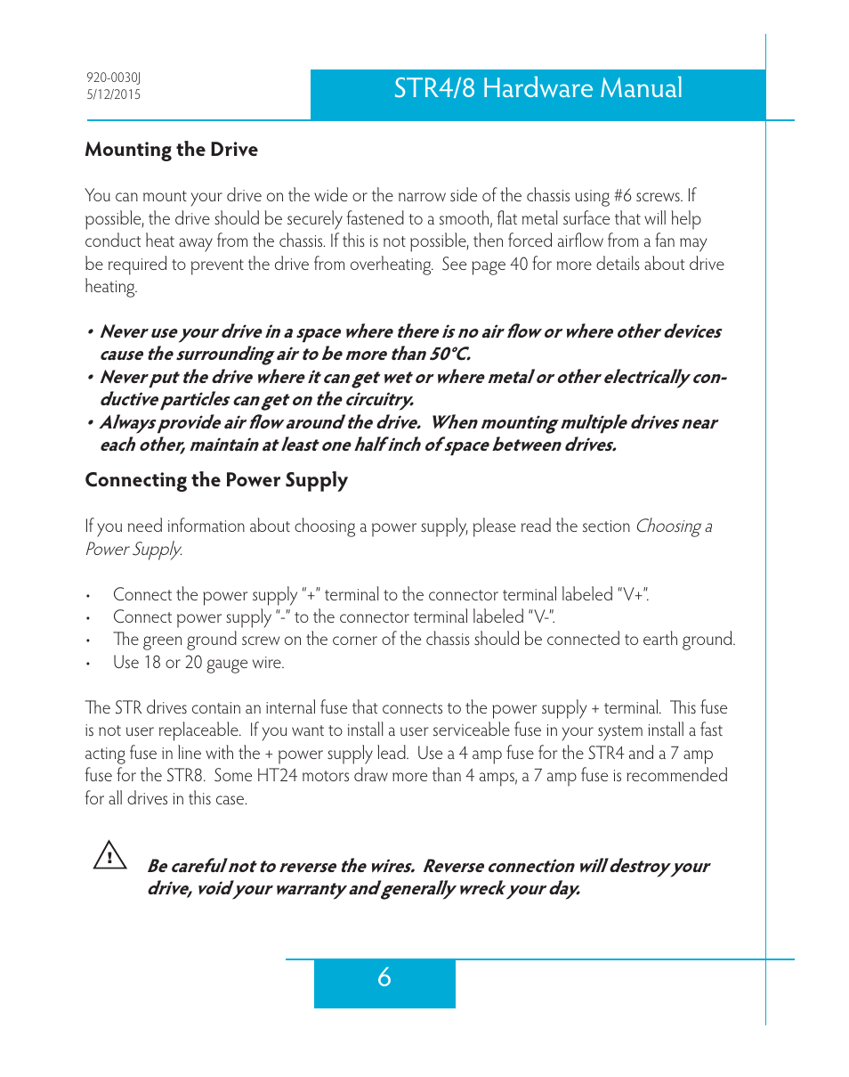 Mounting the drive, Connecting the power supply, 6str4/8 hardware manual | Applied Motion STR4 User Manual | Page 6 / 46