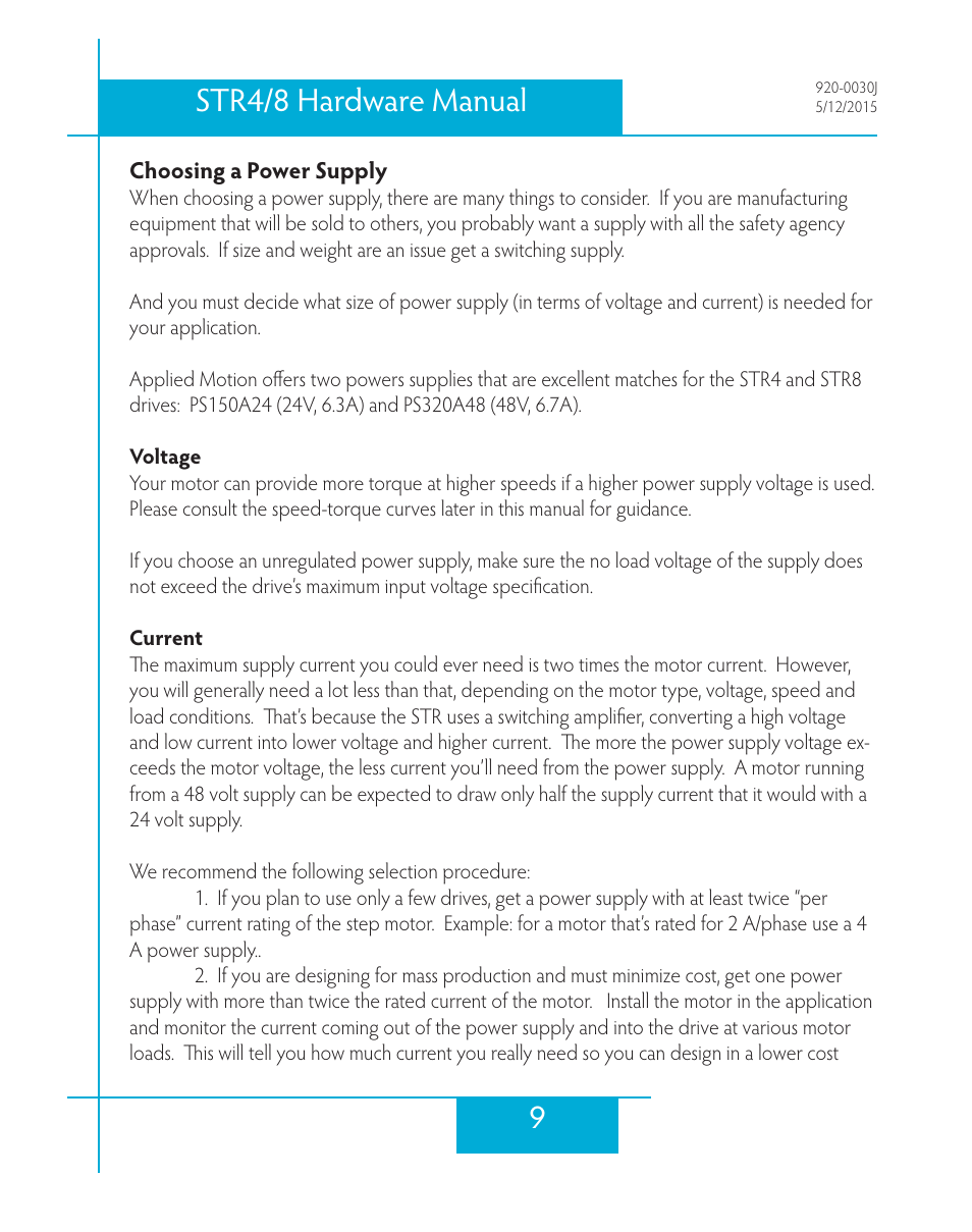 Choosing a power supply, Voltage, Current | 9str4/8 hardware manual | Applied Motion STR4 User Manual | Page 9 / 46