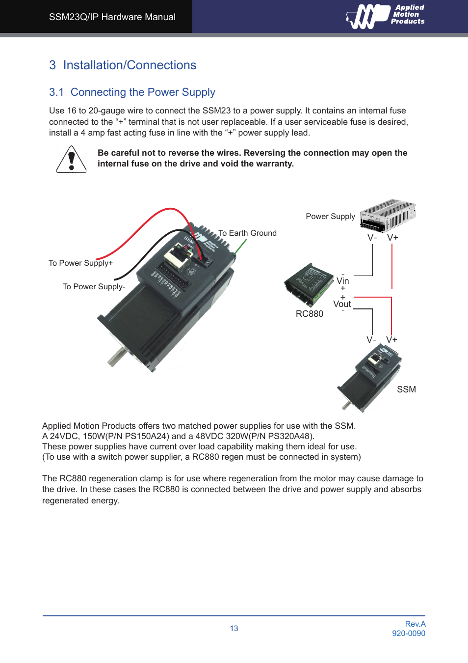 3 installation/connections, 1 connecting the power supply | Applied Motion SSM23IP-2EG User Manual | Page 13 / 33