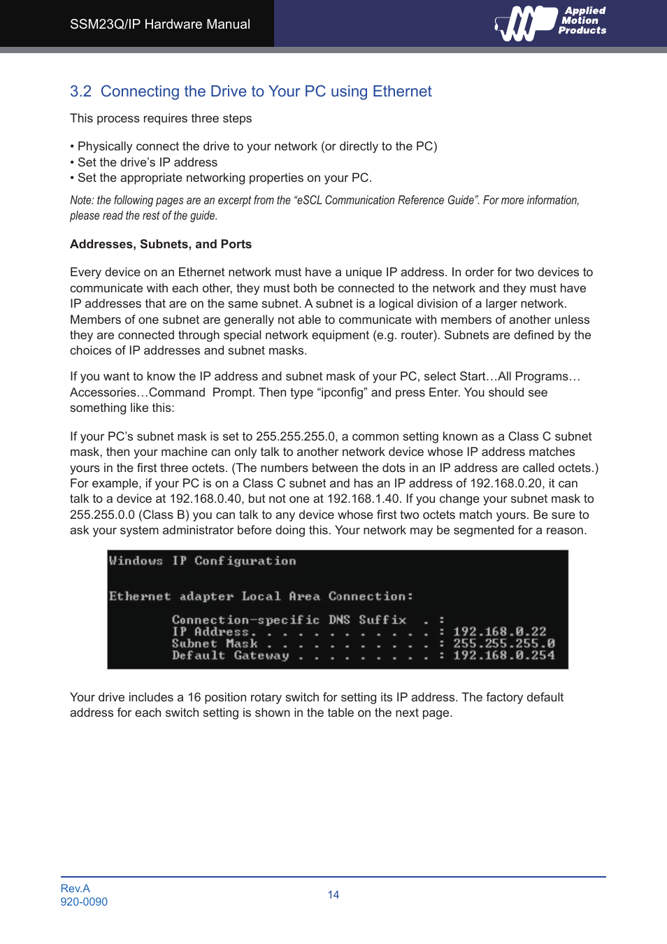 2 connecting the drive to your pc using ethernet | Applied Motion SSM23IP-2EG User Manual | Page 14 / 33