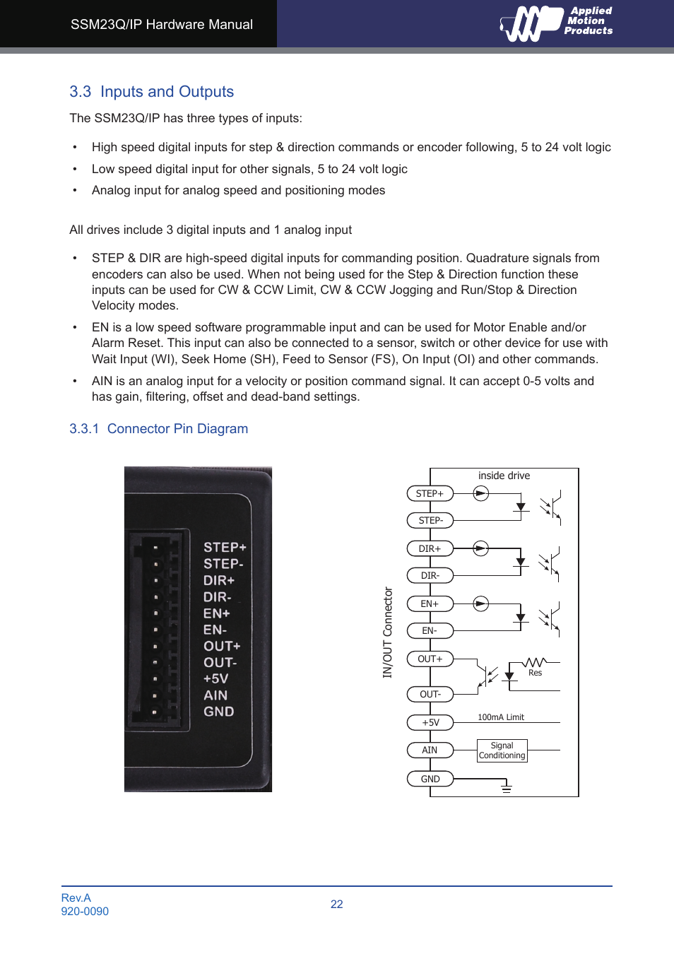3 inputs and outputs, 1 connector pin diagram, Ssm23q/ip hardware manual | Applied Motion SSM23IP-2EG User Manual | Page 22 / 33