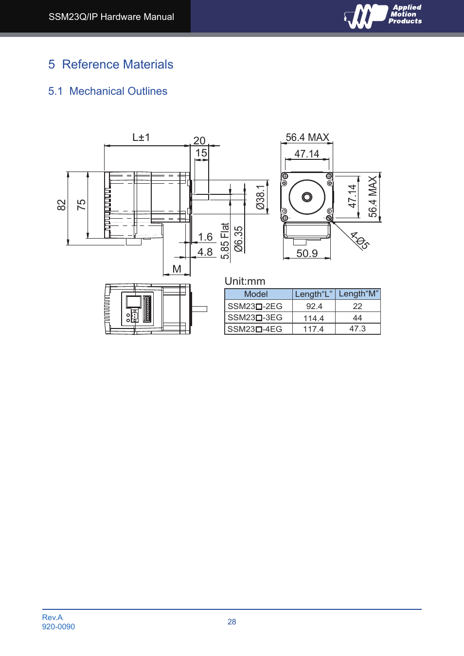 5 reference materials, 1 mechanical outlines | Applied Motion SSM23IP-2EG User Manual | Page 28 / 33
