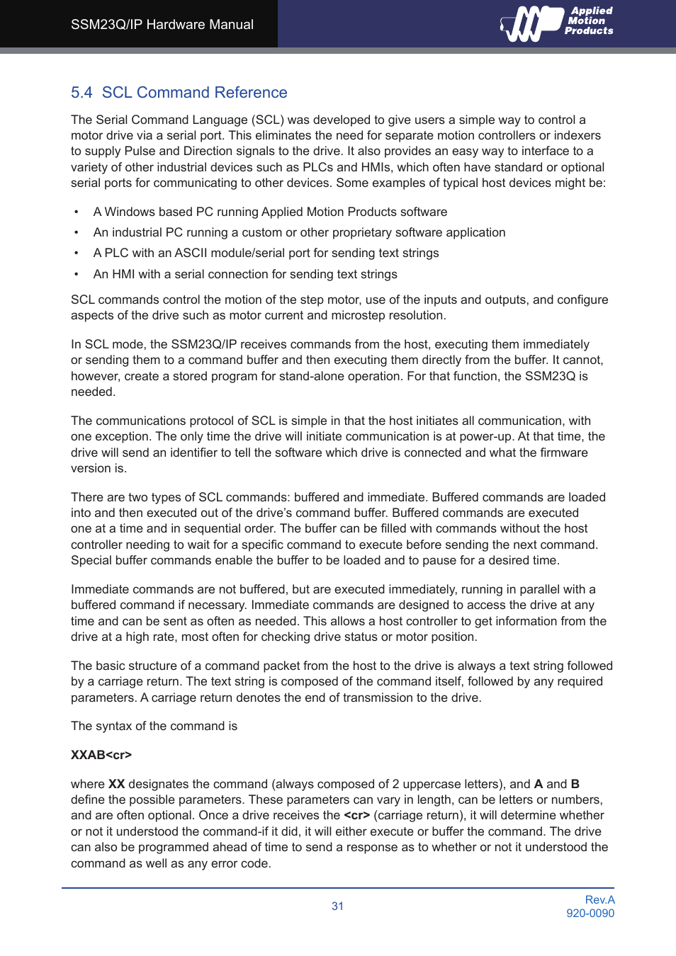 4 scl command reference | Applied Motion SSM23IP-2EG User Manual | Page 31 / 33