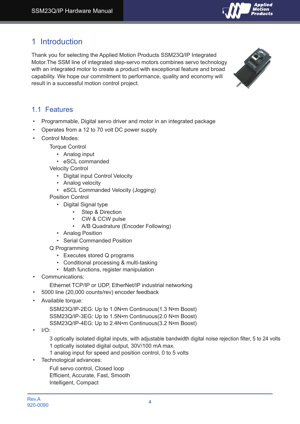 1 introduction, 1 features | Applied Motion SSM23IP-2EG User Manual | Page 4 / 33
