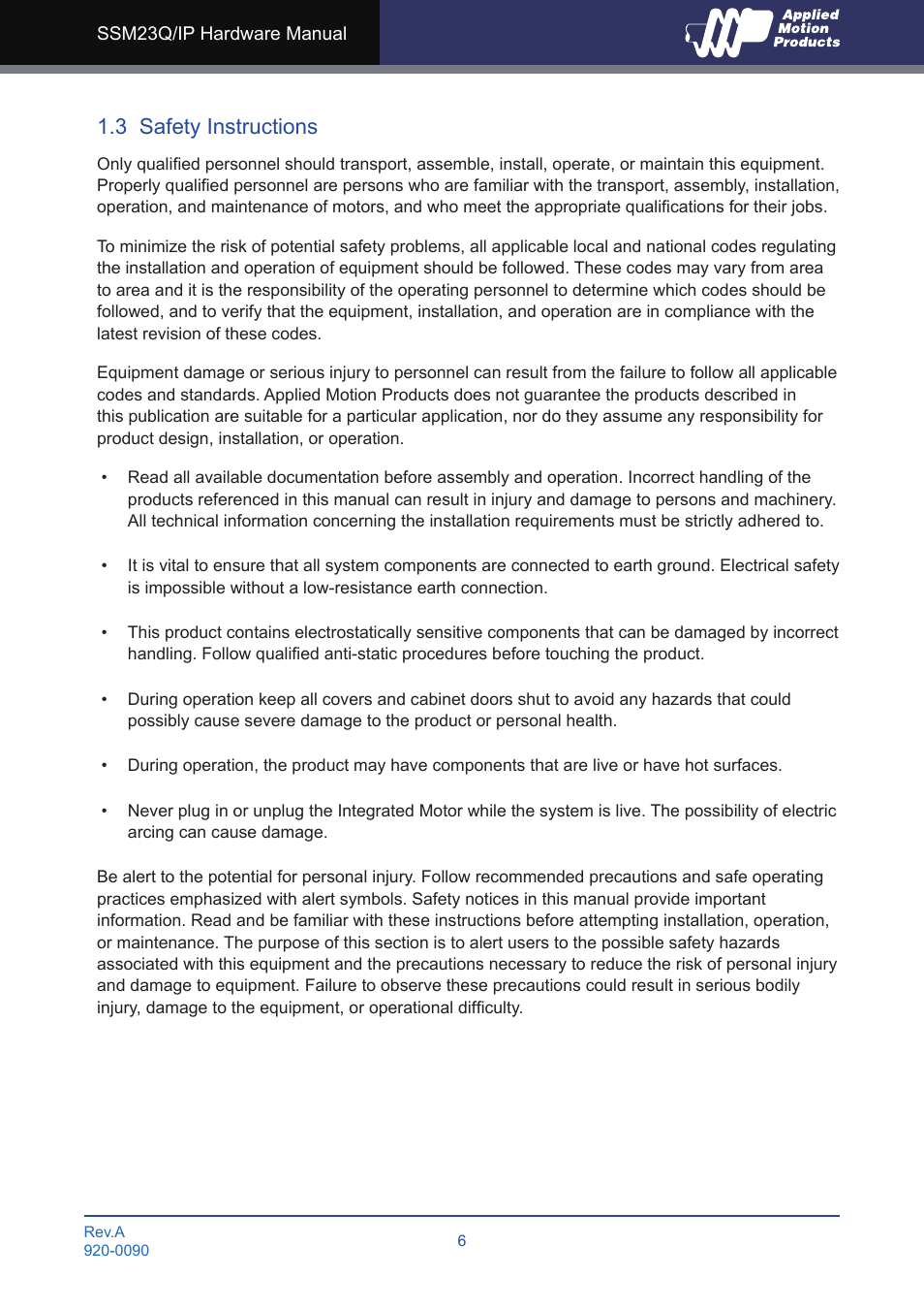 3 safety instructions | Applied Motion SSM23IP-2EG User Manual | Page 6 / 33