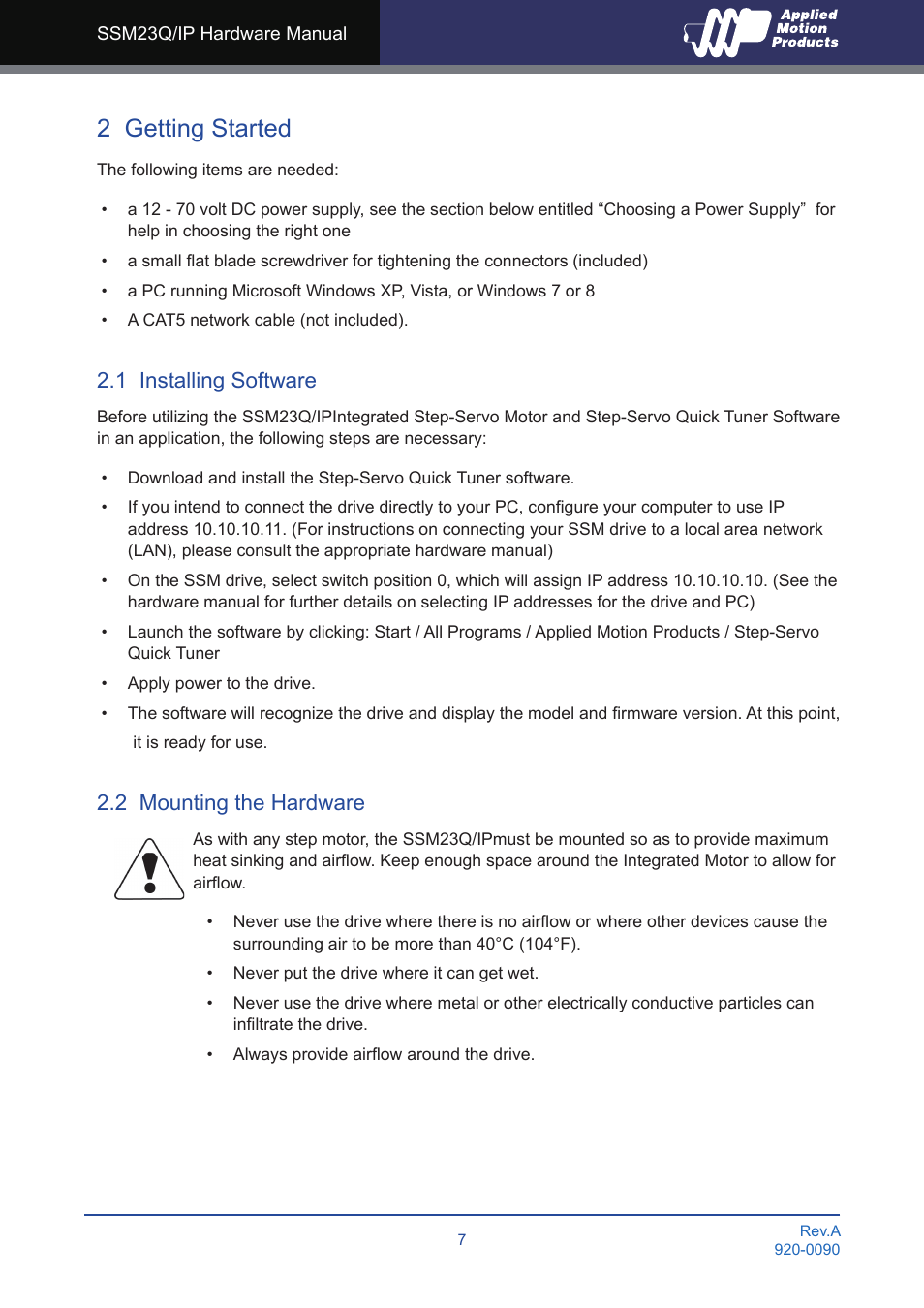 2 getting started, 1 installing software, 2 mounting the hardware | 1 installing software 2.2 mounting the hardware | Applied Motion SSM23IP-2EG User Manual | Page 7 / 33