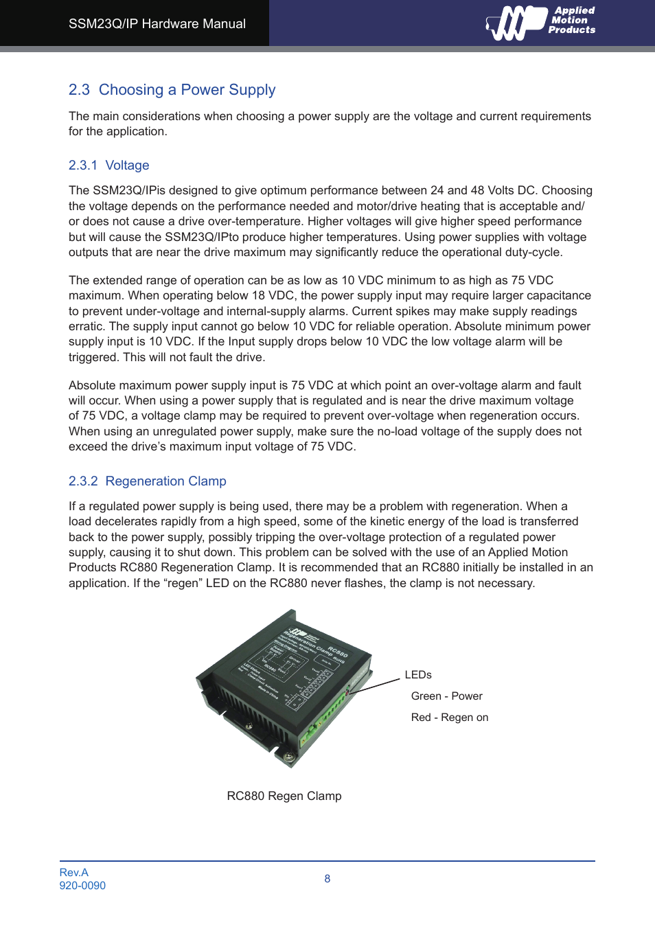 3 choosing a power supply, 1 voltage, 2 regeneration clamp | 1 voltage 2.3.2 regeneration clamp | Applied Motion SSM23IP-2EG User Manual | Page 8 / 33