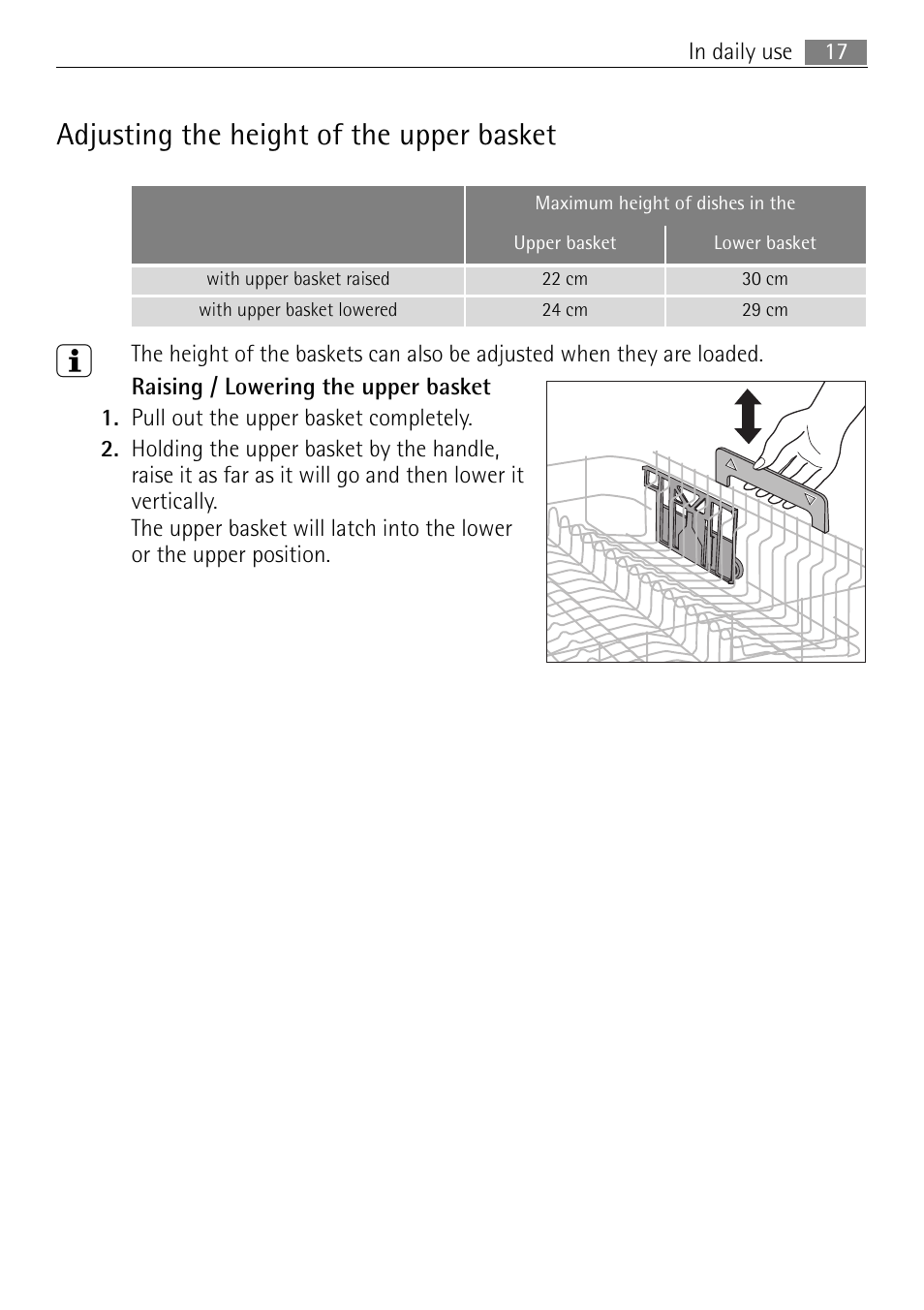 Adjusting the height of the upper basket | Electrolux FAVORIT 44080 i User Manual | Page 17 / 40