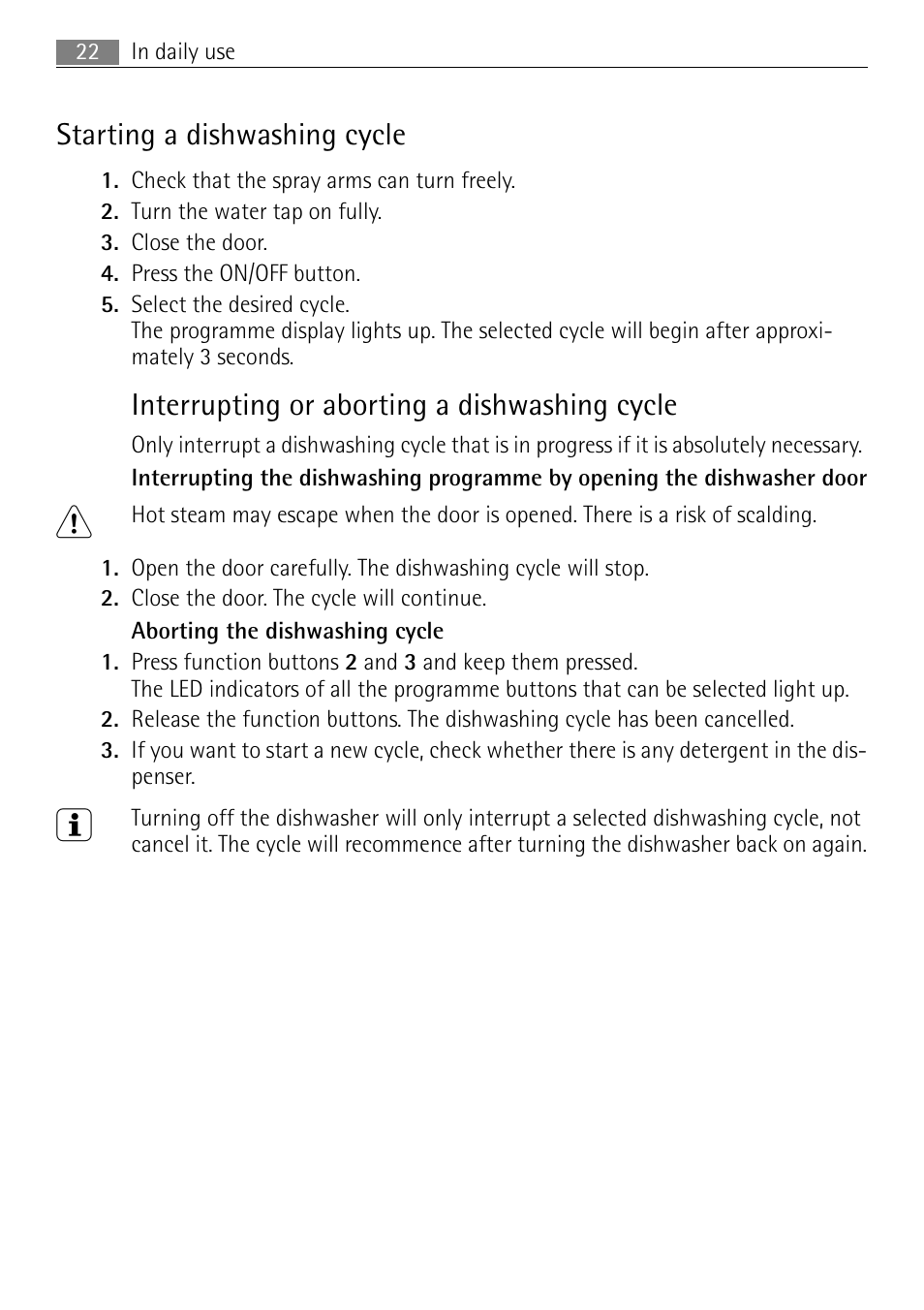 Starting a dishwashing cycle, Interrupting or aborting a dishwashing cycle | Electrolux FAVORIT 44080 i User Manual | Page 22 / 40