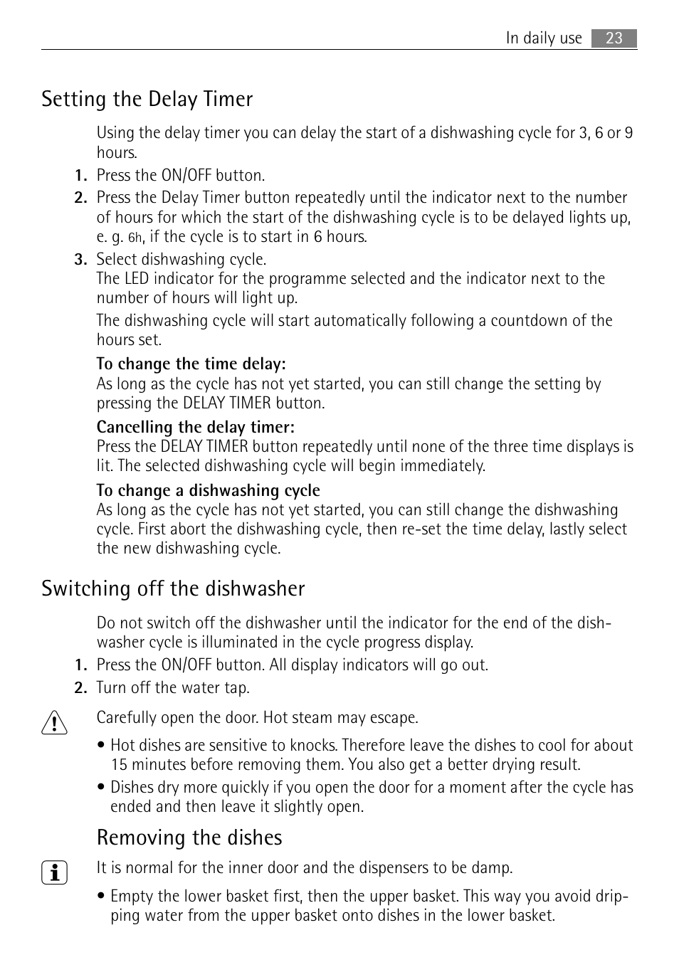 Setting the delay timer, Switching off the dishwasher, Removing the dishes | Electrolux FAVORIT 44080 i User Manual | Page 23 / 40