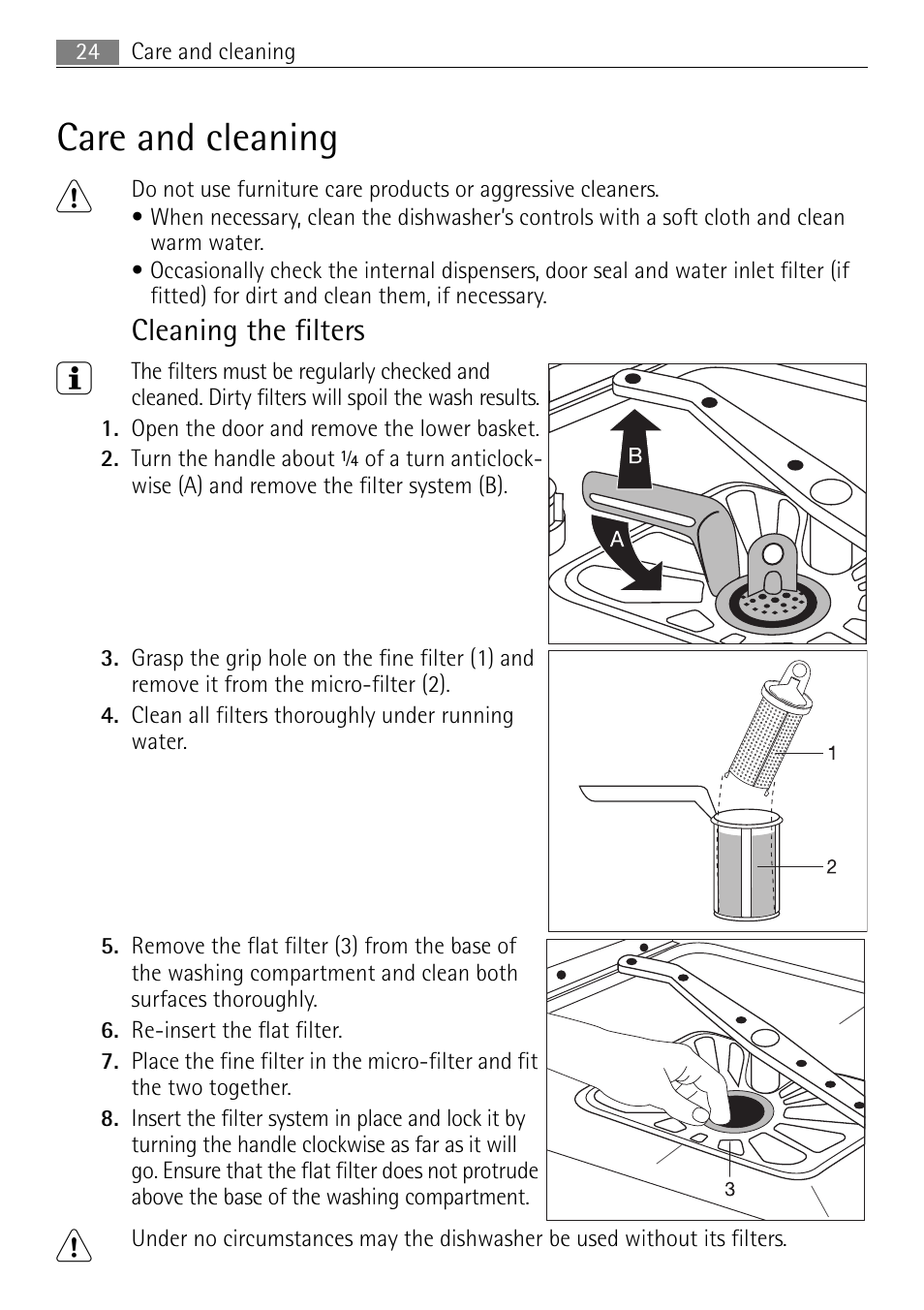 Care and cleaning 1, Cleaning the filters | Electrolux FAVORIT 44080 i User Manual | Page 24 / 40