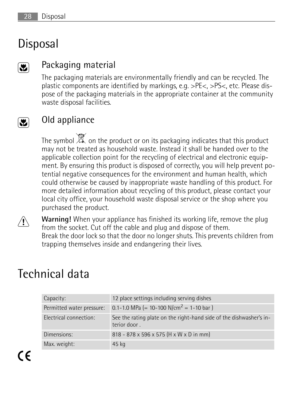 Disposal 2, Technical data 5, Packaging material | Old appliance | Electrolux FAVORIT 44080 i User Manual | Page 28 / 40