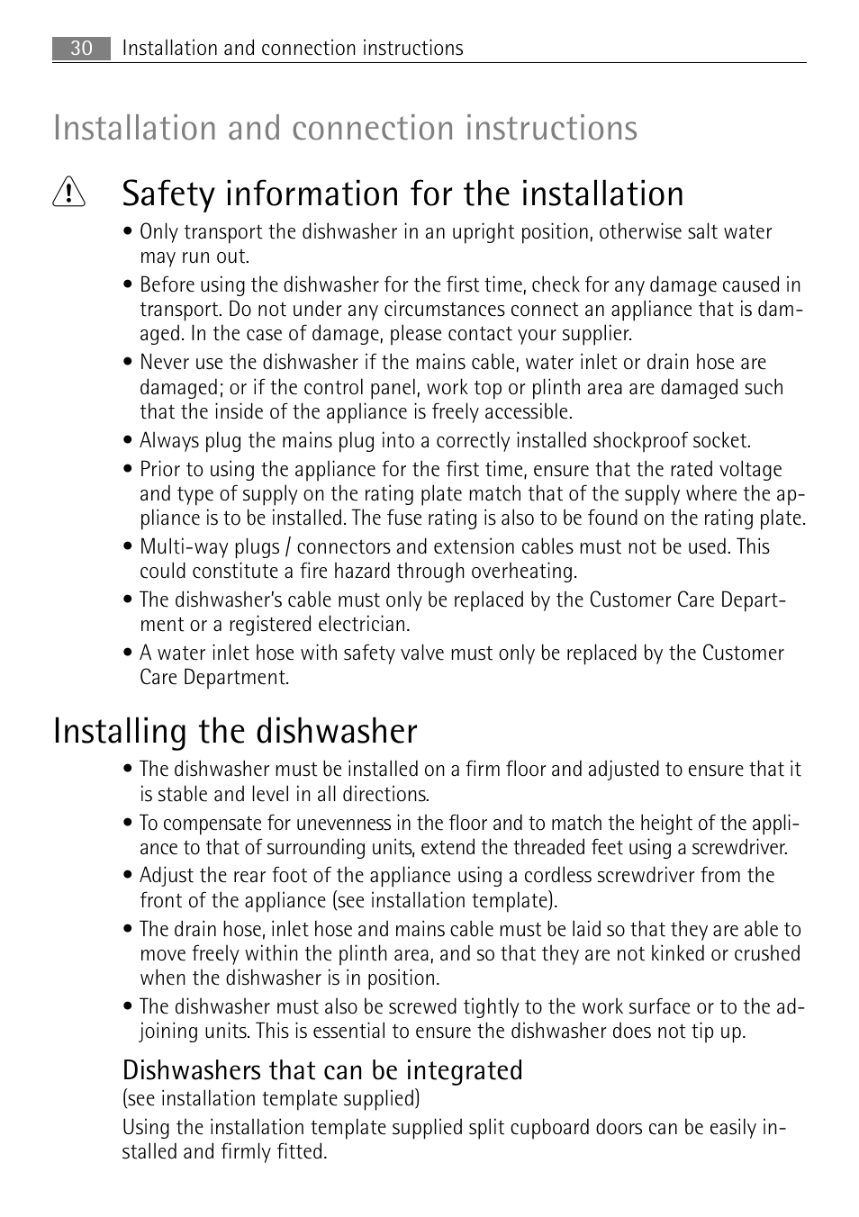 Installing the dishwasher, Dishwashers that can be integrated | Electrolux FAVORIT 44080 i User Manual | Page 30 / 40