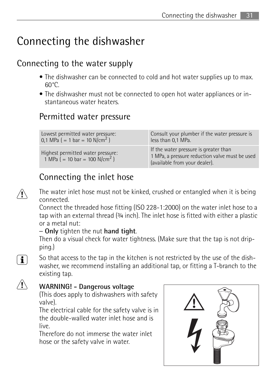 Connecting the dishwasher, Connecting to the water supply, Permitted water pressure connecting the inlet hose | Electrolux FAVORIT 44080 i User Manual | Page 31 / 40