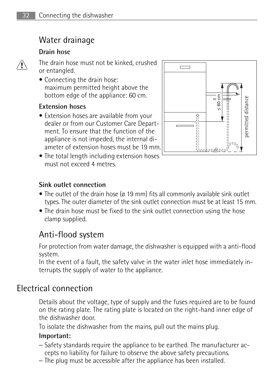 Water drainage, Anti flood system, Electrical connection | Electrolux FAVORIT 44080 i User Manual | Page 32 / 40