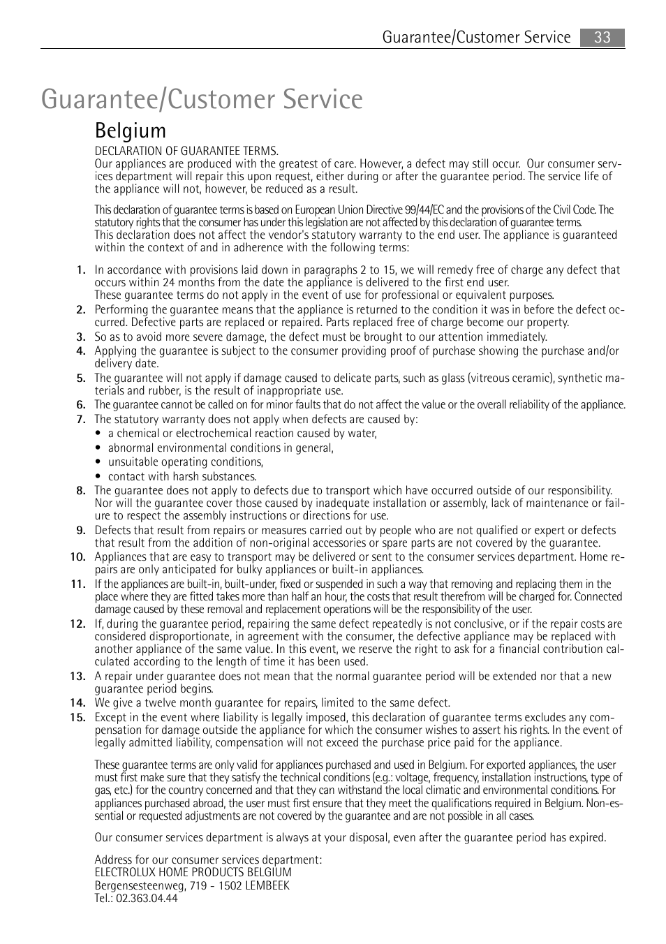 Guarantee/customer service, Belgium, 33 guarantee/customer service | Electrolux FAVORIT 44080 i User Manual | Page 33 / 40