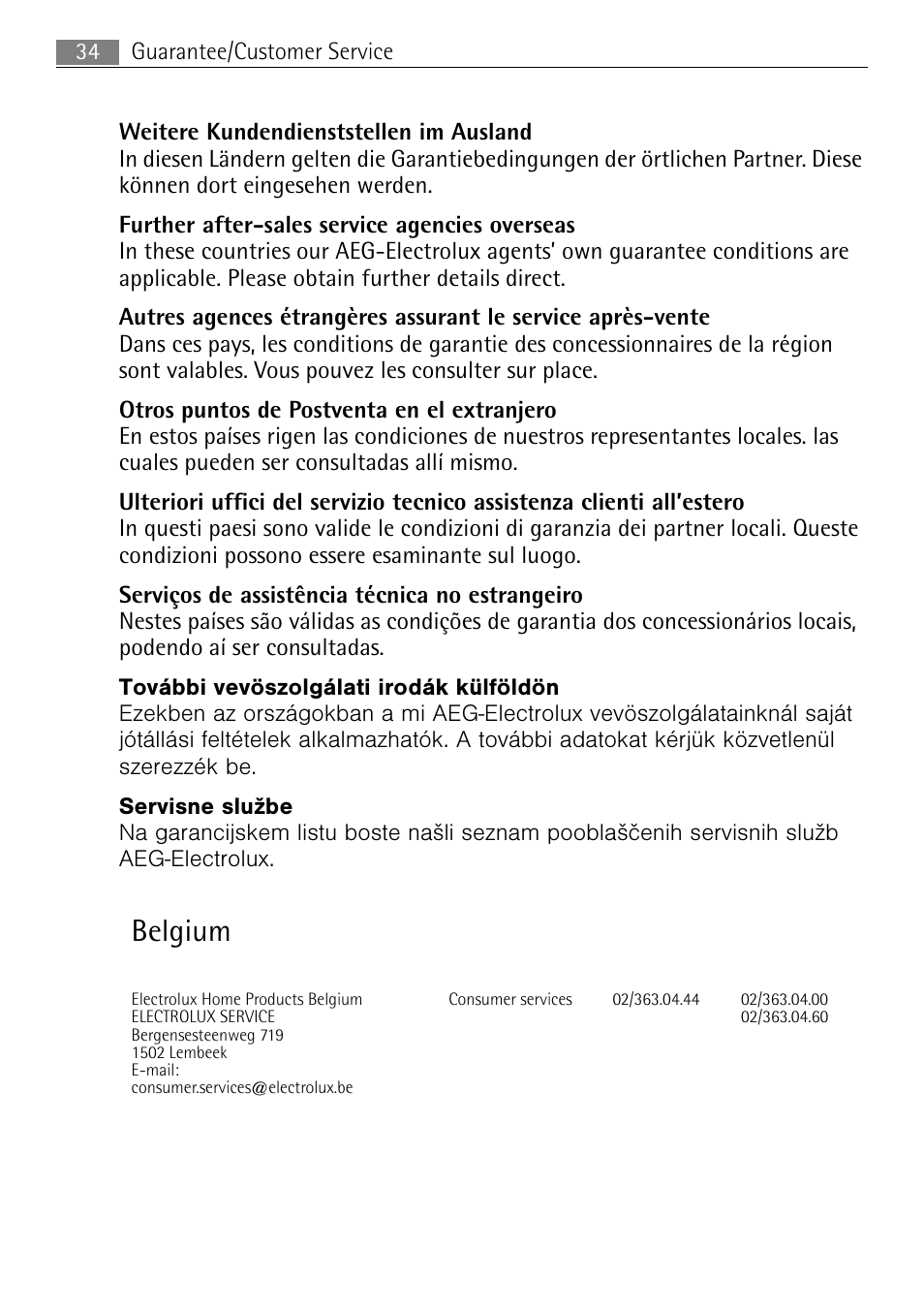 Belgium | Electrolux FAVORIT 44080 i User Manual | Page 34 / 40