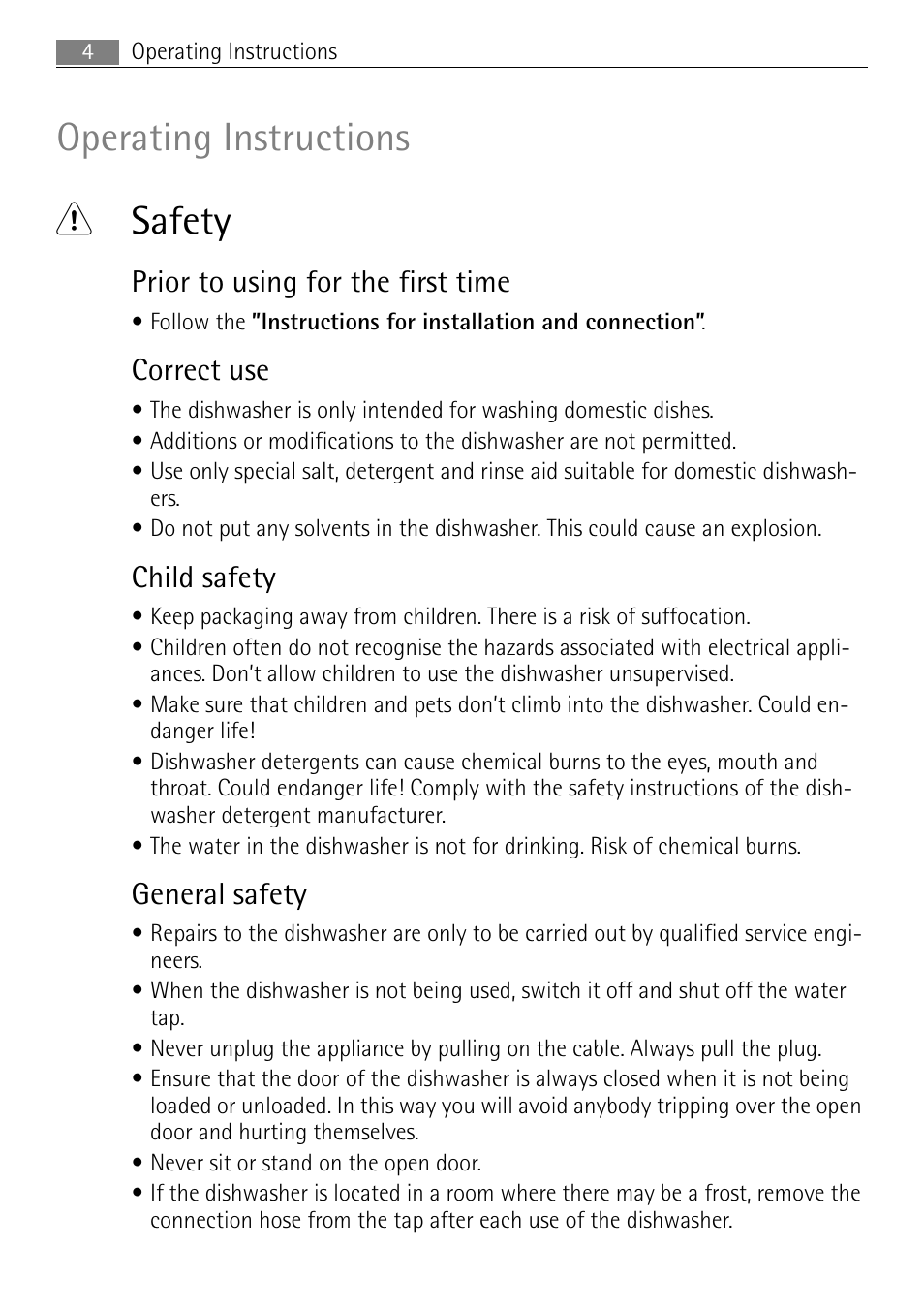 Operating instructions 1 safety, Prior to using for the first time, Correct use | Child safety, General safety | Electrolux FAVORIT 44080 i User Manual | Page 4 / 40