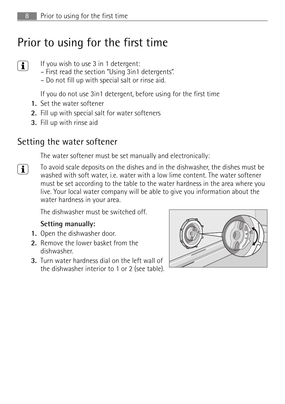 Prior to using for the first time 3, Setting the water softener | Electrolux FAVORIT 44080 i User Manual | Page 8 / 40