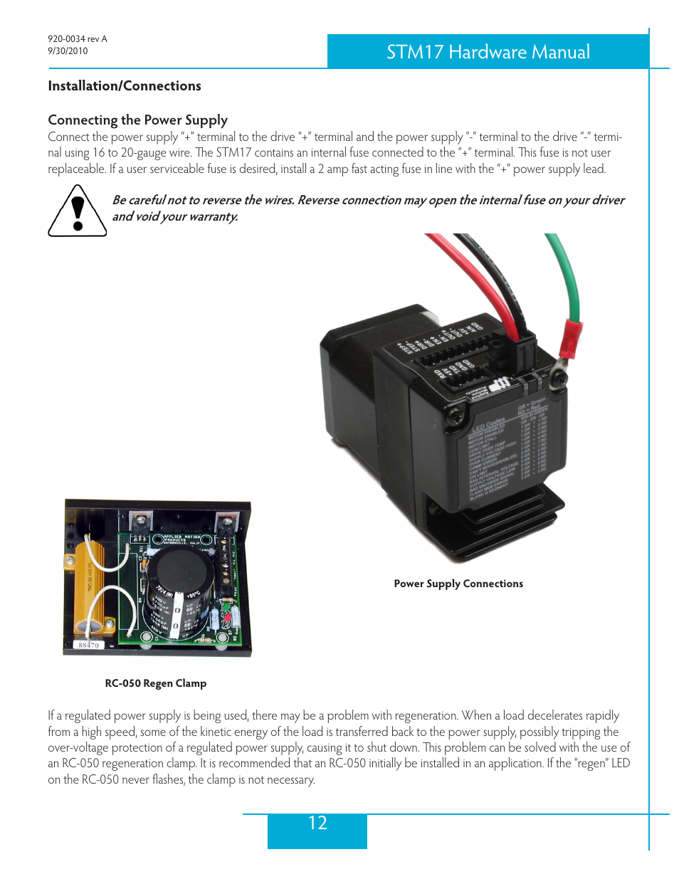 Installation/connections, Connecting the power supply, 12 stm17 hardware manual | Applied Motion STM17C-3CE User Manual | Page 12 / 31