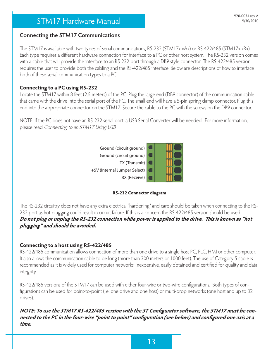 Connecting the stm17 communications, Connecting to a pc using rs-232, Connecting to a host using rs-422/485 | 13 stm17 hardware manual | Applied Motion STM17C-3CE User Manual | Page 13 / 31
