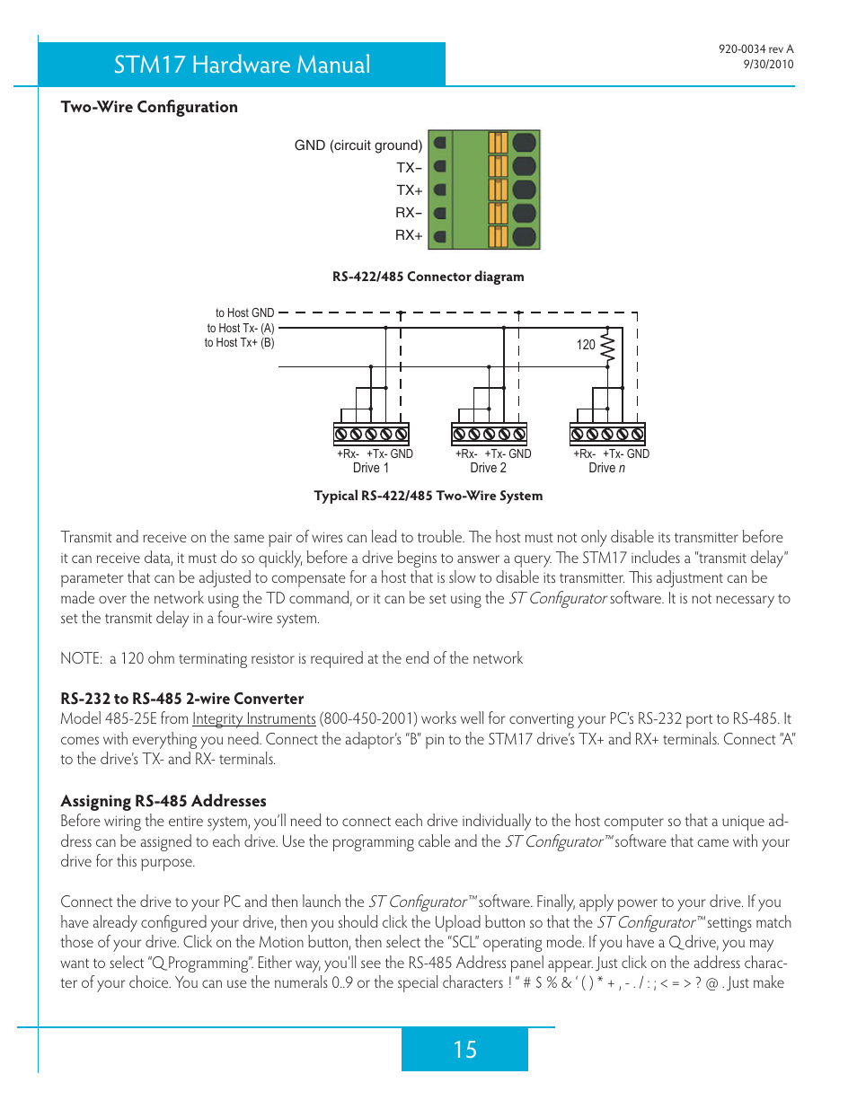 Two-wire configuration, Assigning rs-485 addresses, Connecting to an stm17 using usb | 15 stm17 hardware manual | Applied Motion STM17C-3CE User Manual | Page 15 / 31