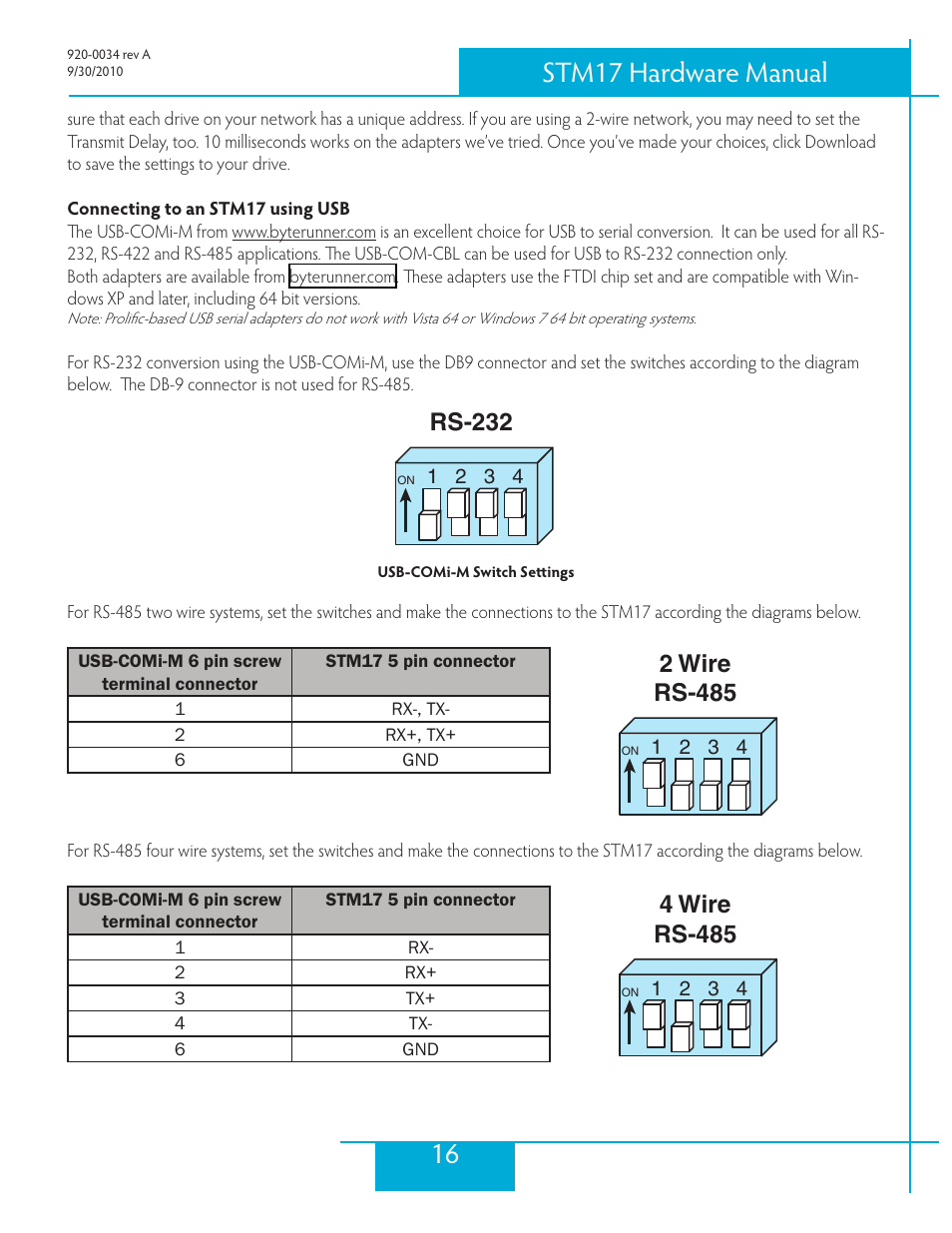 16 stm17 hardware manual, Rs-232, 2 wire rs-485 | 4 wire rs-485 | Applied Motion STM17C-3CE User Manual | Page 16 / 31
