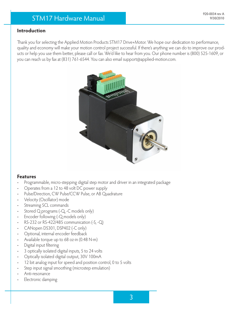 Introduction, 3stm17 hardware manual | Applied Motion STM17C-3CE User Manual | Page 3 / 31