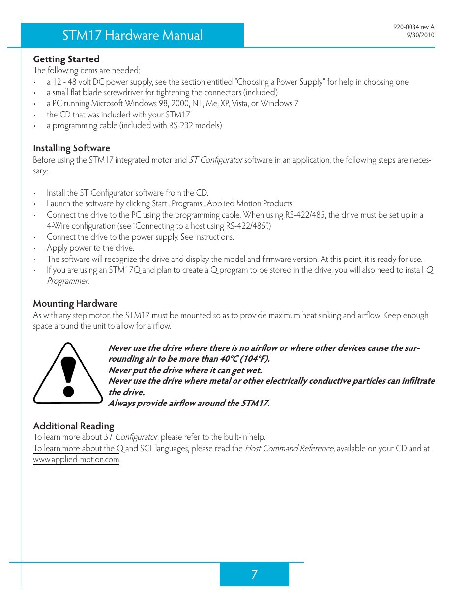 Getting started, Installing software, Mounting hardware | Additional reading, 7stm17 hardware manual | Applied Motion STM17C-3CE User Manual | Page 7 / 31