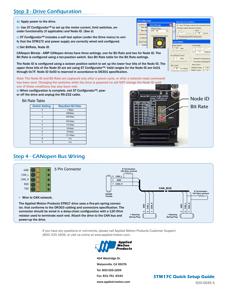 Step 3 - drive configuration, Node id bit rate, Step 4 - canopen bus wiring | Stm17c quick setup guide, 0045 a, Bit rate table, 5 pin connector | Applied Motion STM17C-3CE User Manual | Page 2 / 2