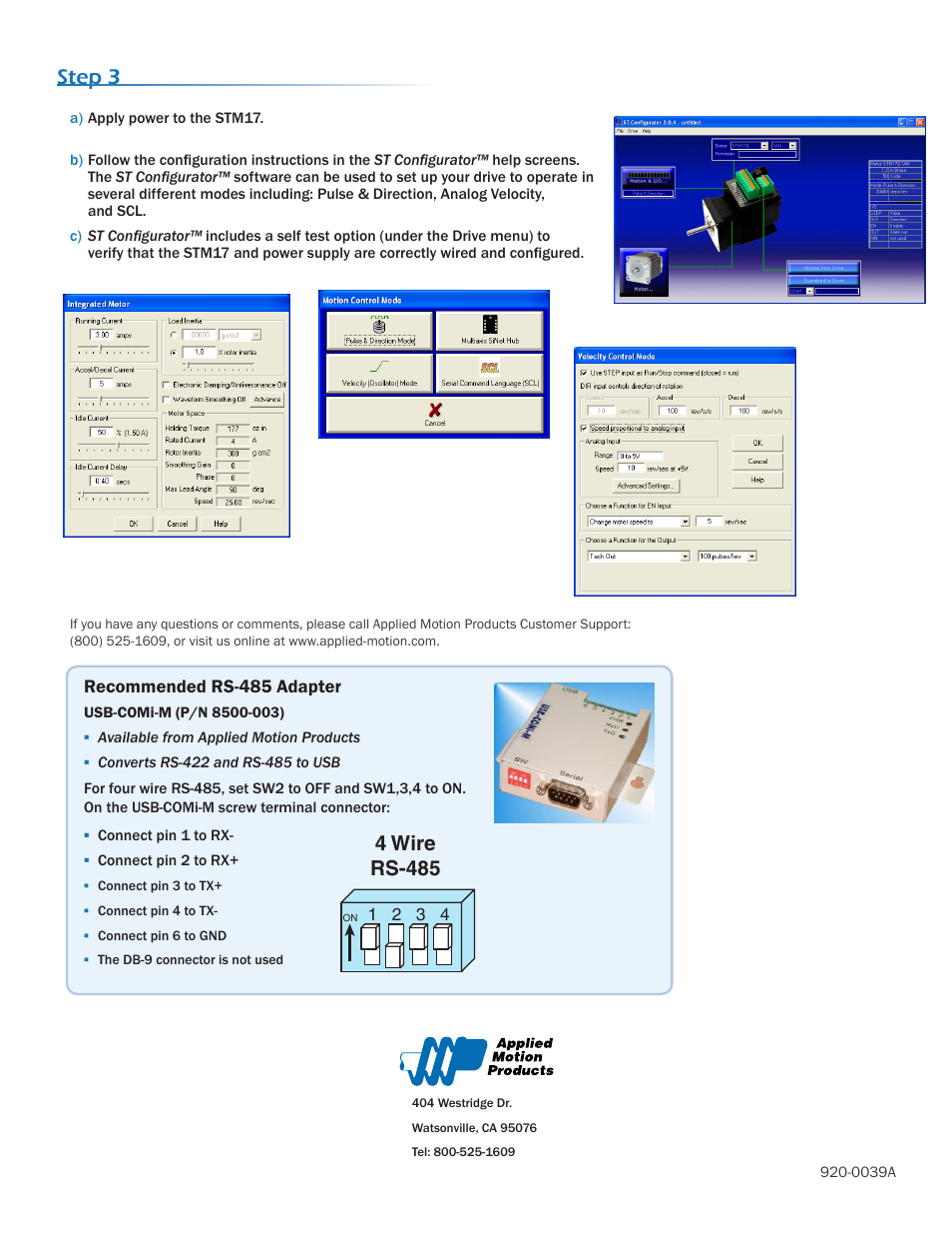 Step 3, 4 wire rs-485 | Applied Motion STM17Q-1AE User Manual | Page 2 / 2