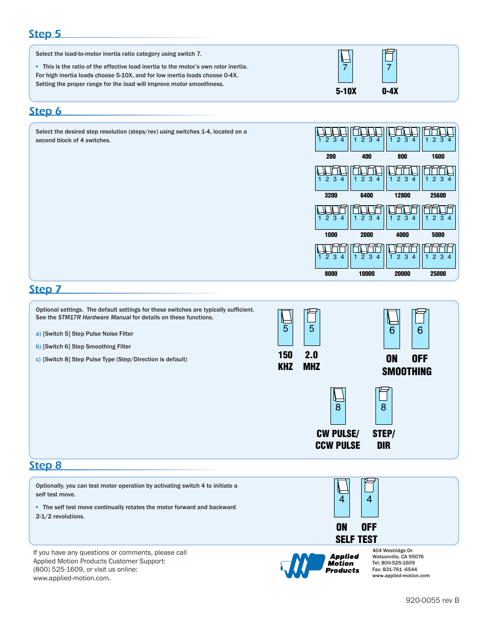 Step 8, Step 6, Step 5 | Step 7, 6on 6 off smoothing, 4on 4 off self test | Applied Motion STM17R-3ND User Manual | Page 2 / 2