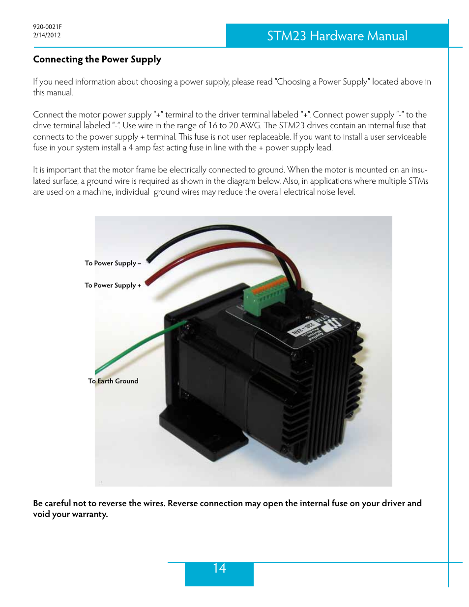 Connecting the power supply, 14 stm23 hardware manual | Applied Motion STM23C-3CE User Manual | Page 14 / 48