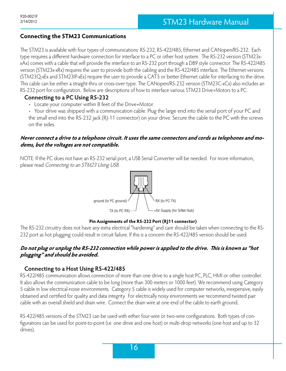 Connecting the stm23 communications, Connecting to a pc using rs-232, Connecting to a host using rs-422/485 | 16 stm23 hardware manual | Applied Motion STM23C-3CE User Manual | Page 16 / 48
