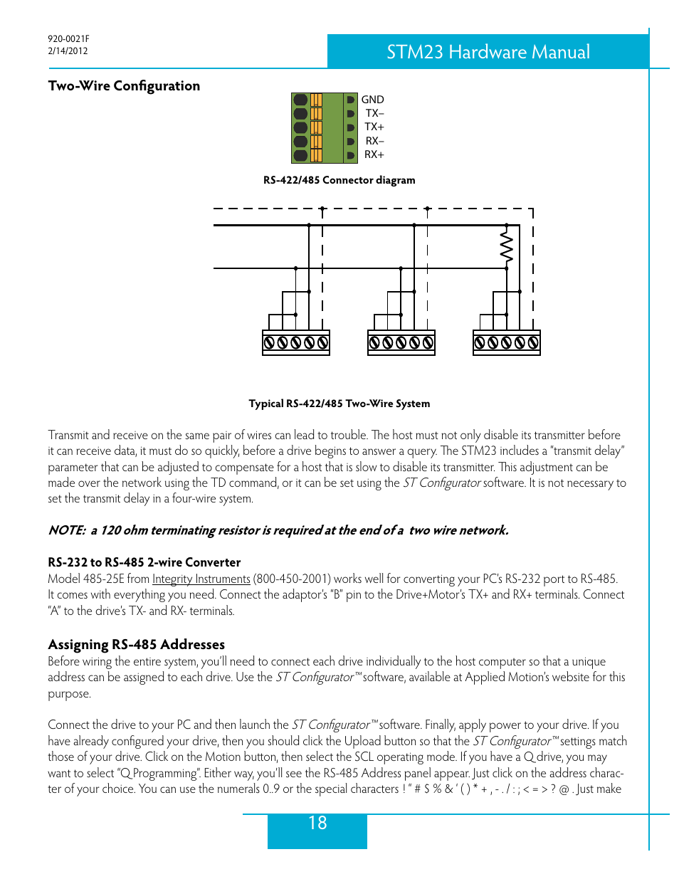 Two-wire configuration, Assigning rs-485 addresses, 18 stm23 hardware manual | Applied Motion STM23C-3CE User Manual | Page 18 / 48
