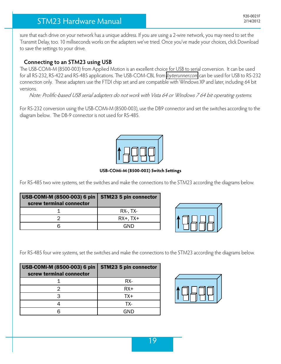 Connecting to an stm23 using usb, 19 stm23 hardware manual, Rs-232 | 2 wire rs-485, 4 wire rs-485 | Applied Motion STM23C-3CE User Manual | Page 19 / 48